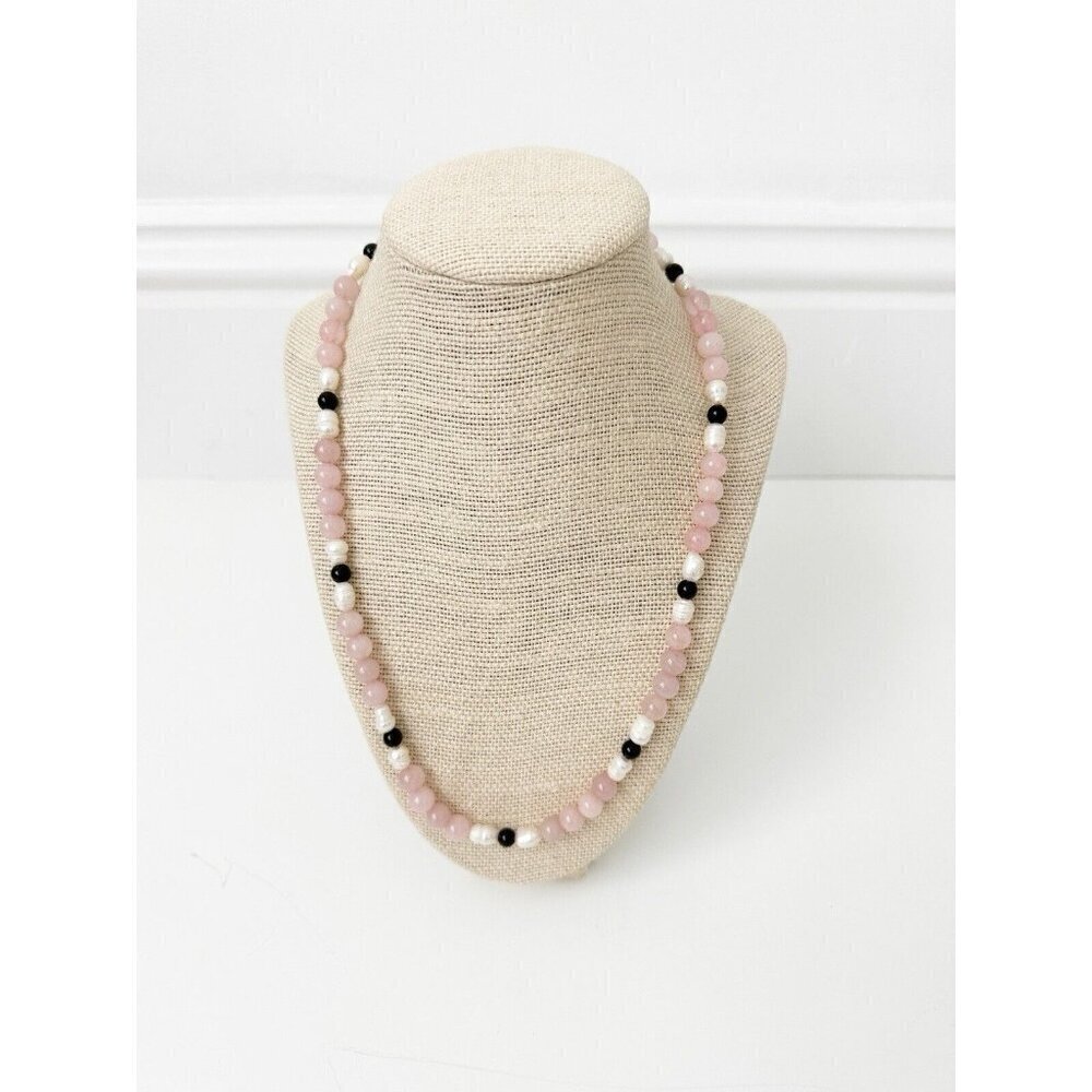 NWT Genuine Rose Quartz, Black Onyx & Pearls Necklace Beaded Pink Black White